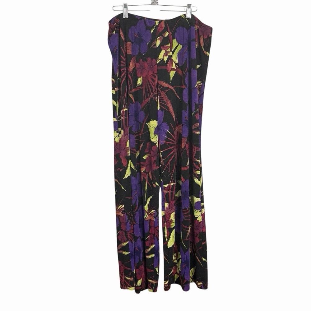 TravelSmith Women Sz M Black Purple Hibiscus Floral Wide Leg Pants VTG 90s Flowy